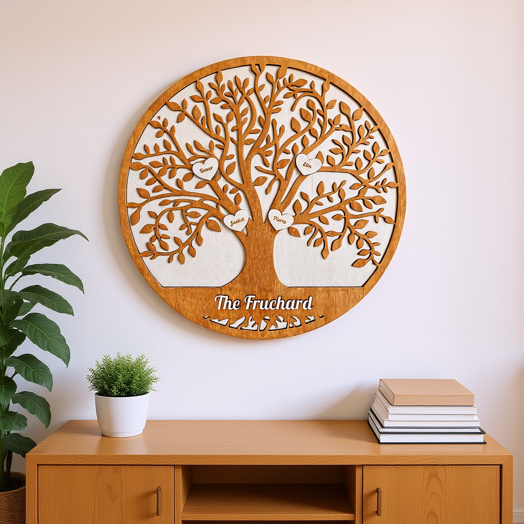 Arbre généalogique mural en bois personnalisé avec prénoms gravés, décoration élégante pour salon ou cadeau familial unique.
Gepersonaliseerde houten familieboom voor aan de muur met gegraveerde namen, elegante decoratie voor woonkamer of uniek familiecadeau.