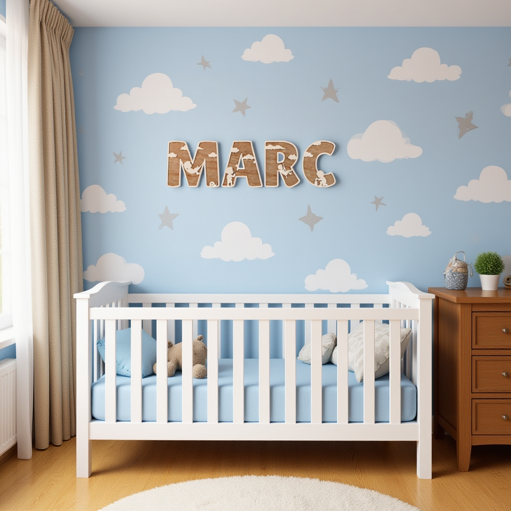 Décoration chambre garçon – prénom en bois personnalisé MARC au-dessus du berceau | Jongenskamer decoratie – gepersonaliseerde houten naam MARC boven het babybedje