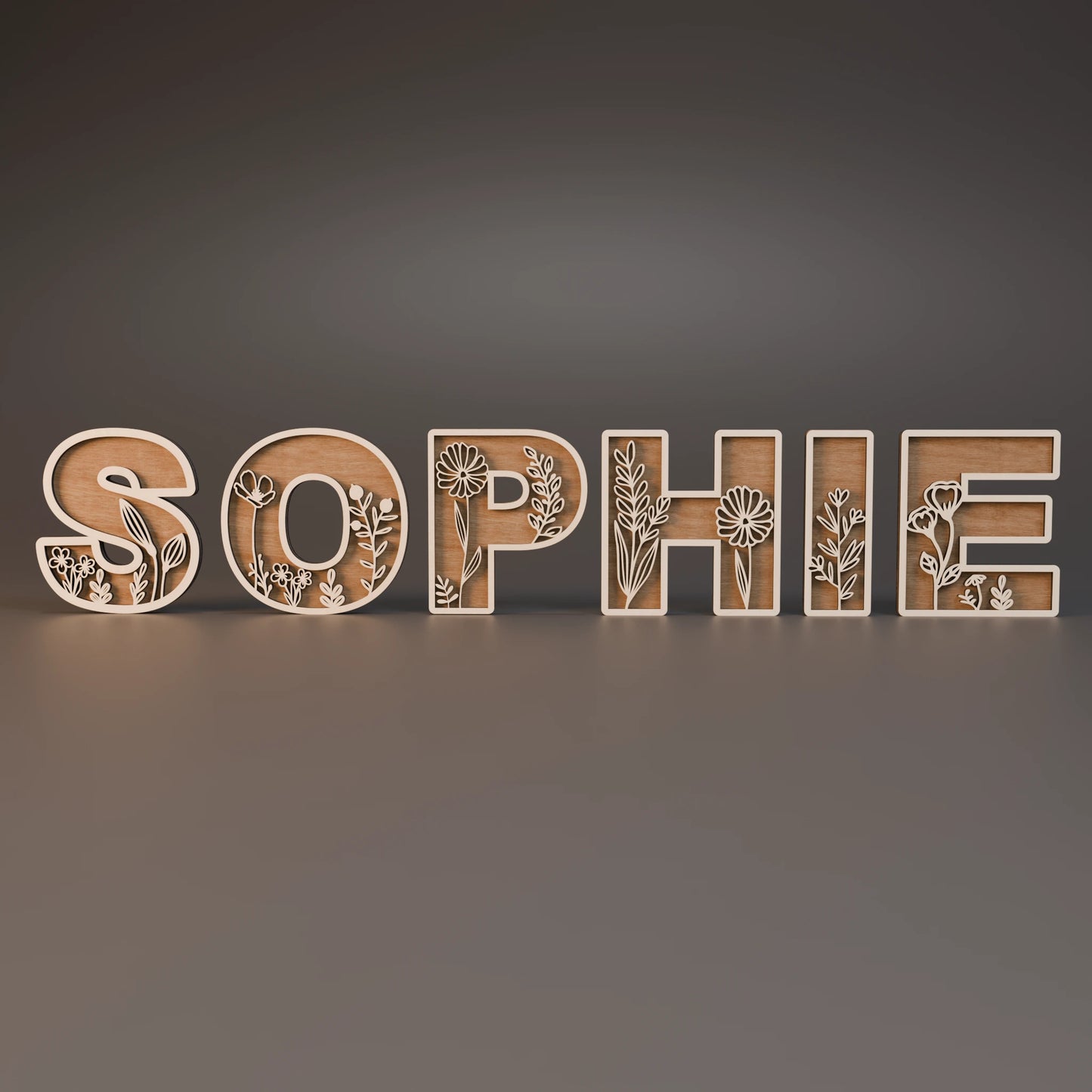 Lettres en bois personnalisées avec prénom et motifs floraux, fabriquées en bois de peuplier, idéale pour chambre d’enfant et événements spéciaux