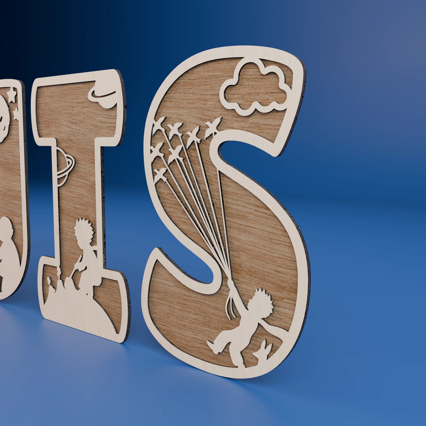 Détail prénom en bois Petit Prince – Detail houten naam Kleine Prins – Gravure laser personnalisée / Gepersonaliseerde lasergravure