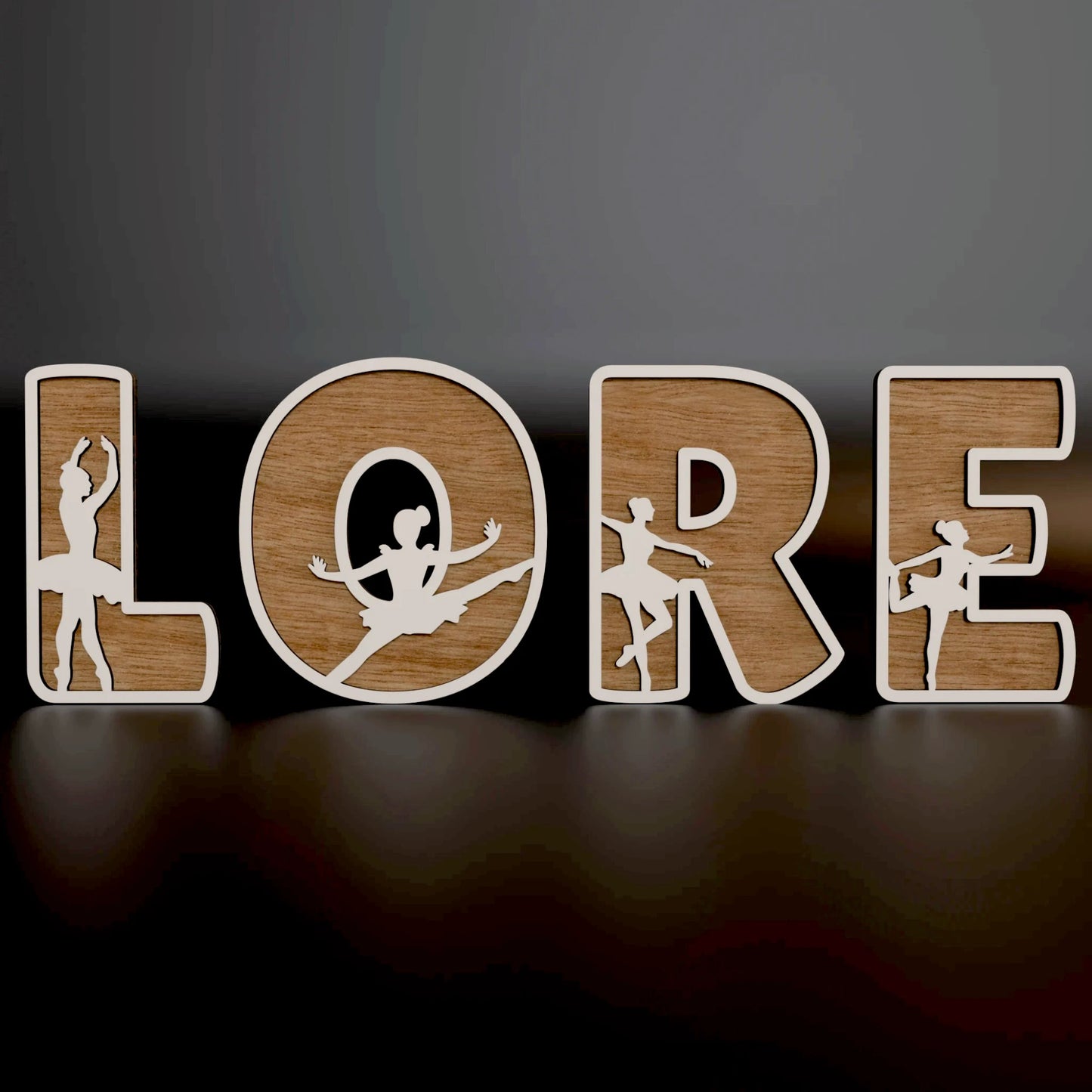 Lettres en bois sur fond noir, design raffiné pour les passionnés de danse et de ballet. | Houten balletletters op zwarte achtergrond, stijlvol en elegant.