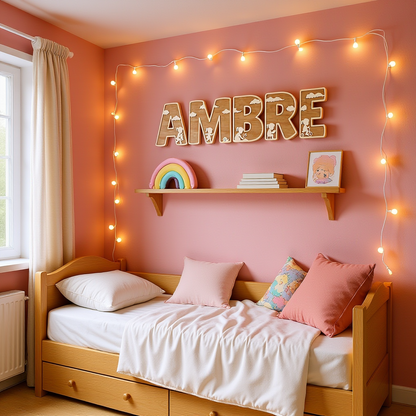 Décoration chambre enfant – prénom en bois AMBRE avec silhouettes fille | Kinderkamer decor – houten naam AMBRE met meisjes-silhouetten