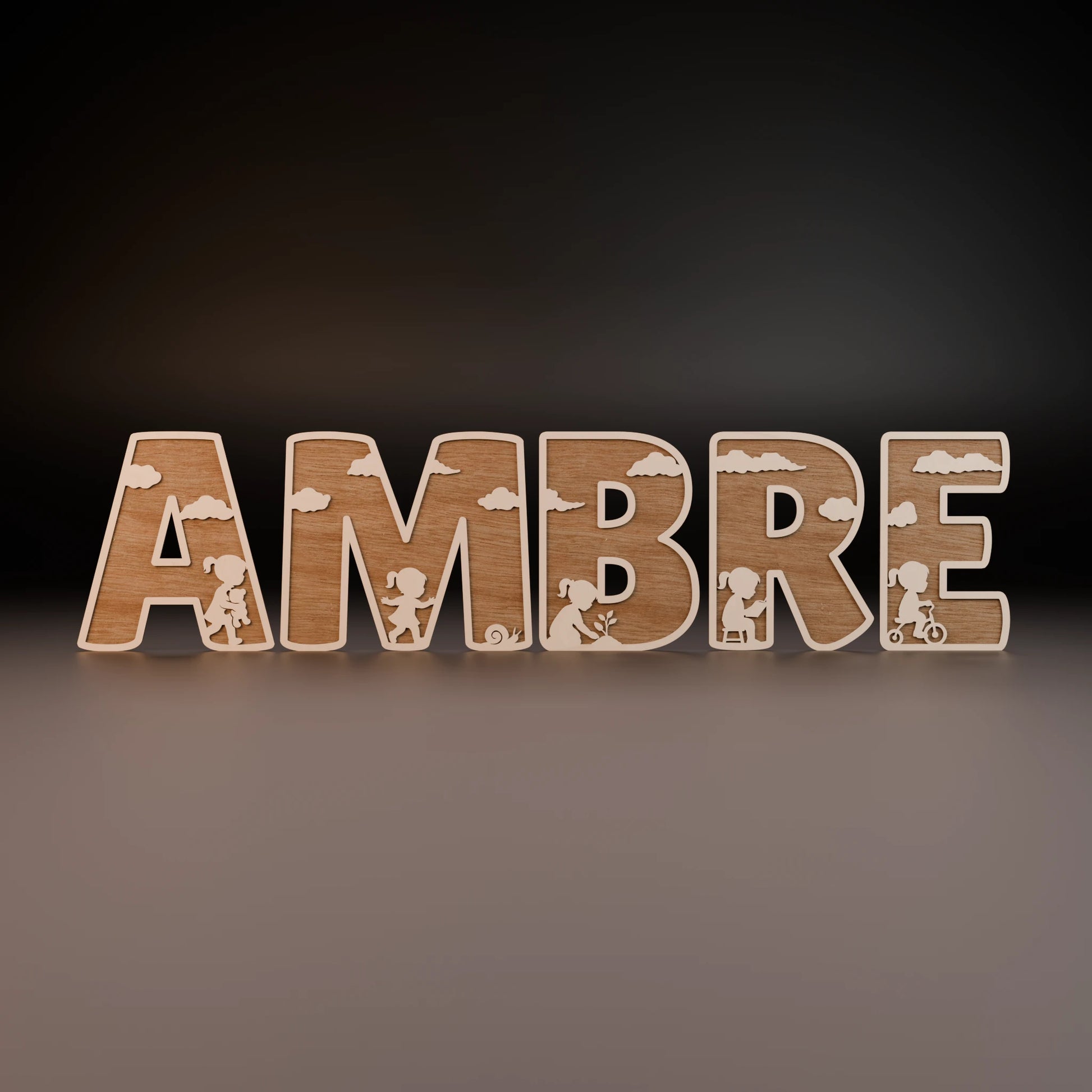 Lettres prénom AMBRE en bois, fond noir, silhouettes fille | Houten naam AMBRE, donkere achtergrond, meisjes-silhouetten