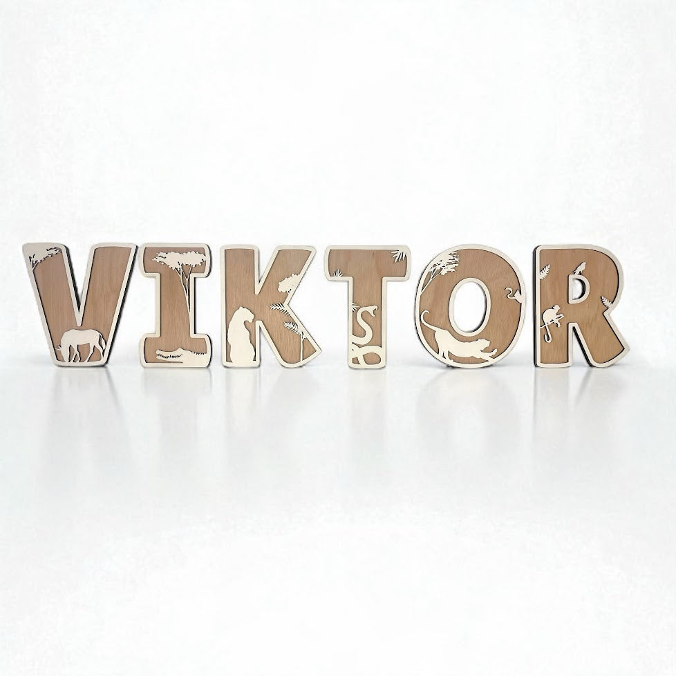 Décoration prénom enfant Viktor en lettres en bois avec motifs jungle et animaux sauvages pour chambre d’enfant - Houten naamletters Viktor met jungle dieren motieven voor kinderkamer