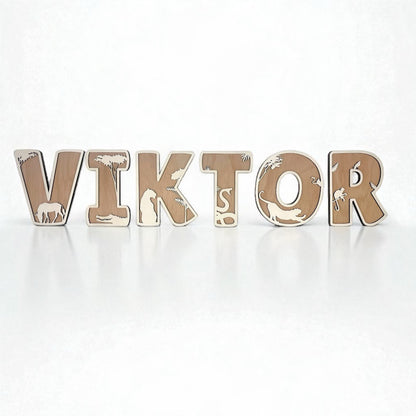 Décoration prénom enfant Viktor en lettres en bois avec motifs jungle et animaux sauvages pour chambre d’enfant - Houten naamletters Viktor met jungle dieren motieven voor kinderkamer