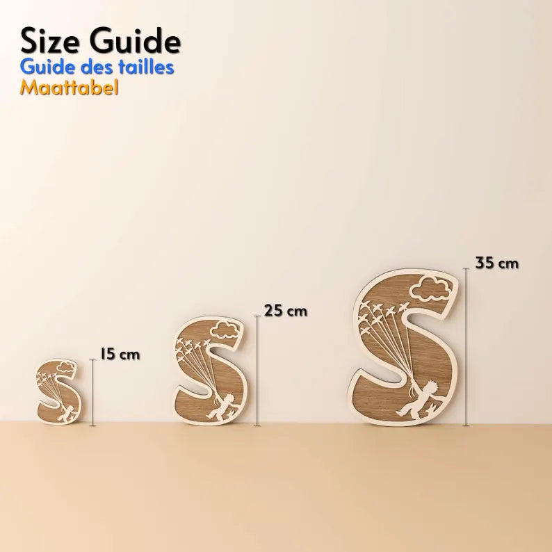 Guide des tailles prénom en bois Petit Prince – Houten naam Kleine Prins maattabel – Lettres disponibles en 15 cm, 25 cm et 35 cm