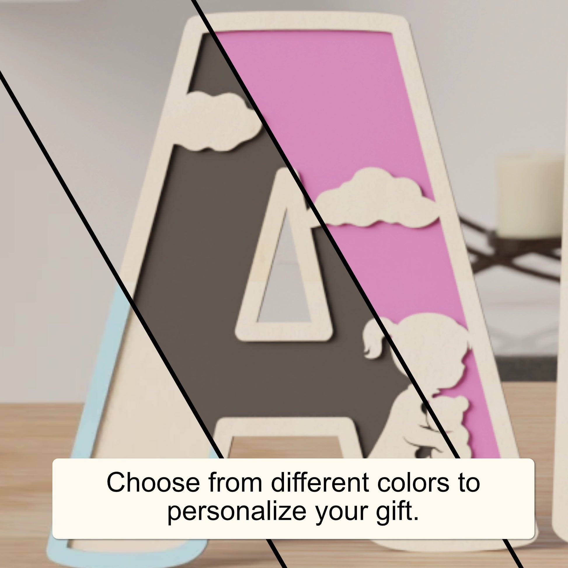 comparaison de lettres en bois personnalisées avec motifs montgolfière, disponibles en plusieurs couleurs | vergelijking houten gepersonaliseerde letters luchtballon motief, verkrijgbaar in verschillende kleuren