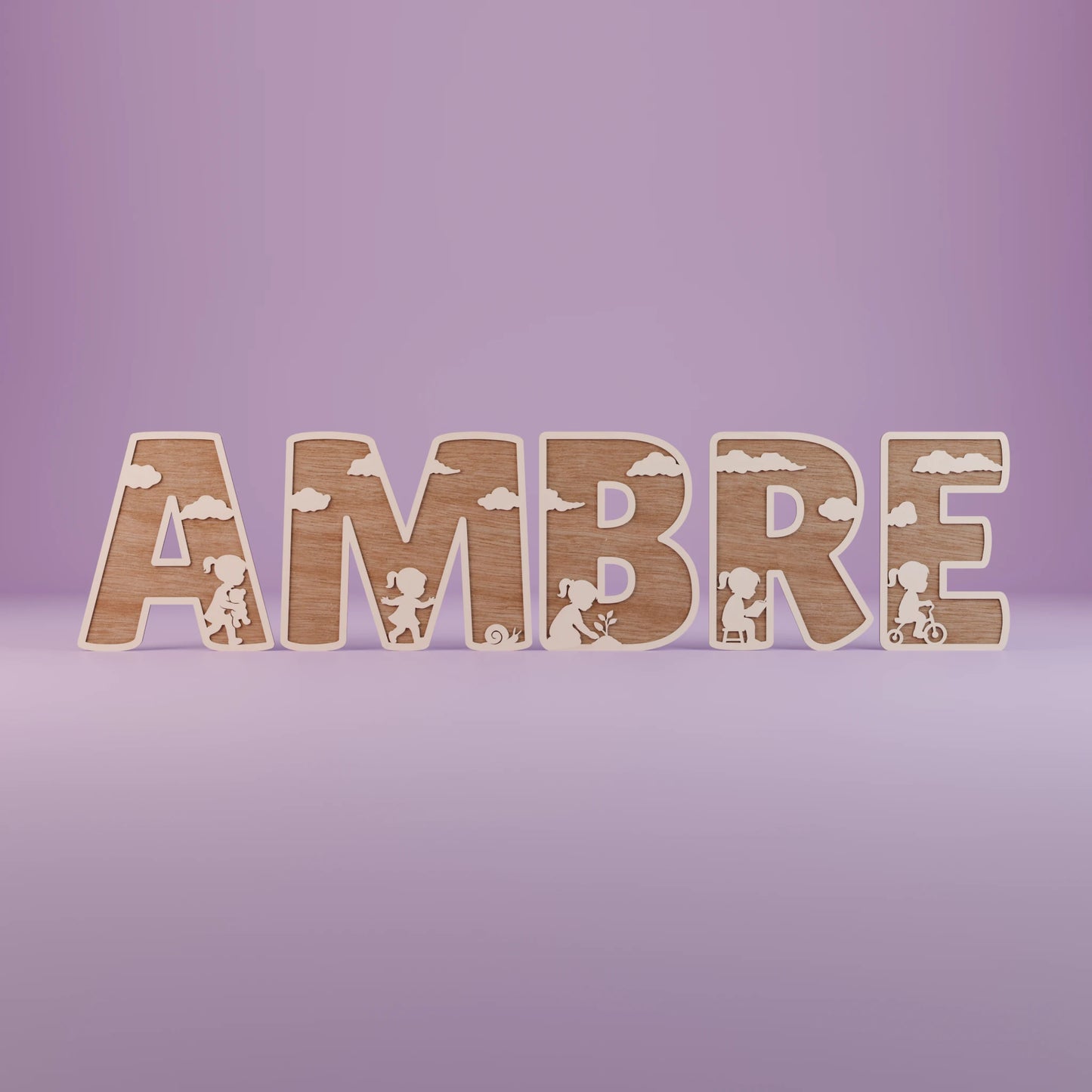 Lettres prénom AMBRE en bois, fond rose, silhouettes fille | Houten naam AMBRE op roze achtergrond, meisjes-silhouetten